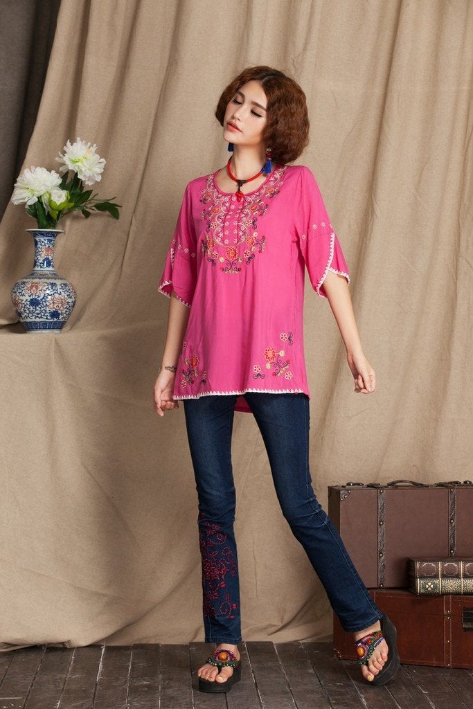 Ashir Aley Bell Sleeve Womens Girls Embroidered Peasant Tops Mexican Blouse Mexican Shirts for Women (XL,Fuschia) - Image 2